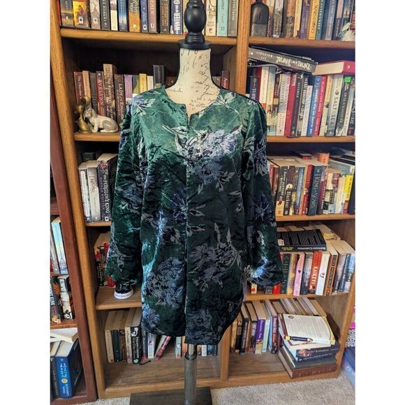 Anthropologie Eva Franco Women's Size Medium Green Floral Velvet Car Coat Jacket - Picture 2 of 6